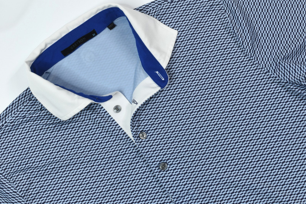 Greyson Polo Shirt Mens Medium Blue Geometric Short Sleeve Stretch Classic Golf